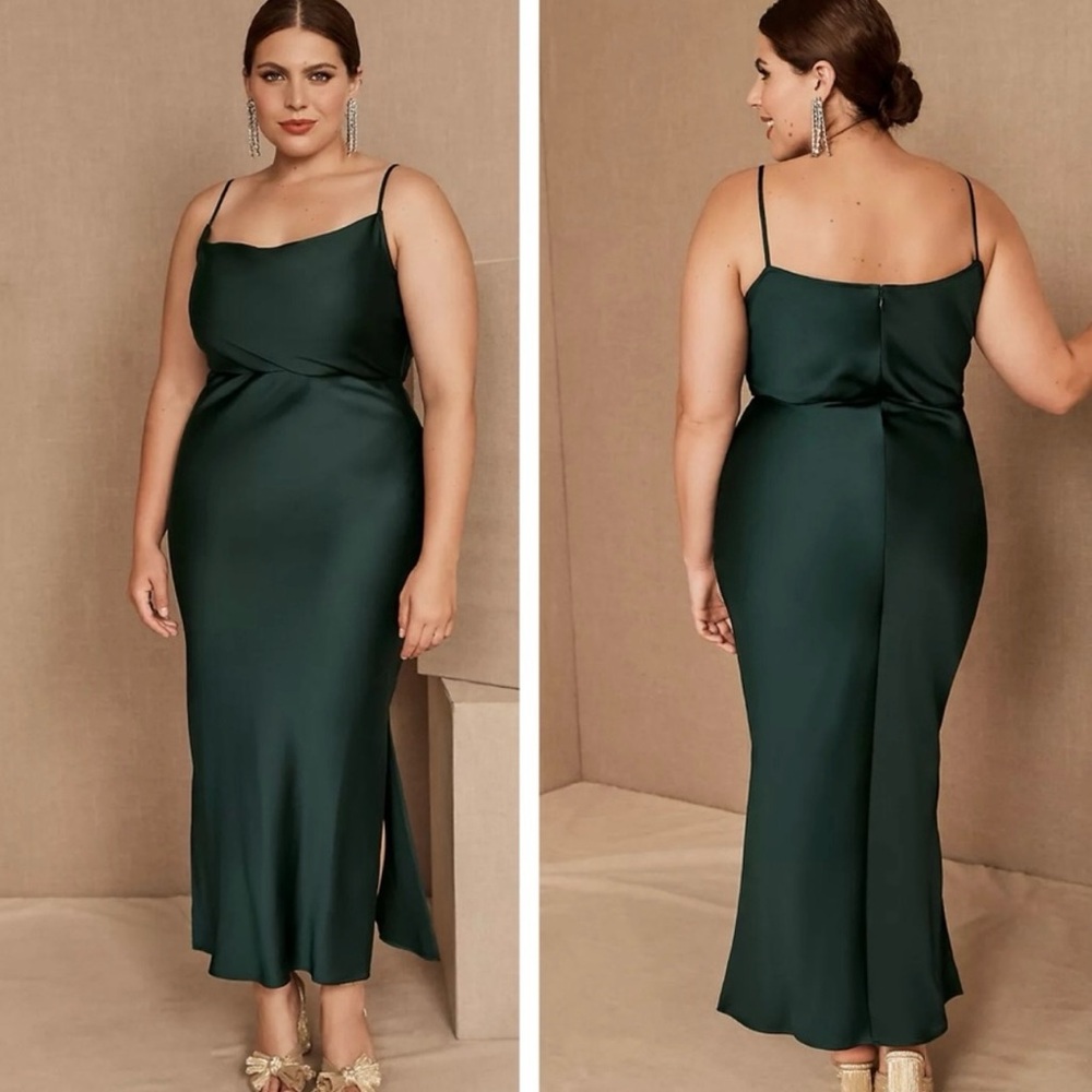 BHLDN Cali Satin Cowl Neck Midi Dress - Like New - Size 10 - Emerald Green